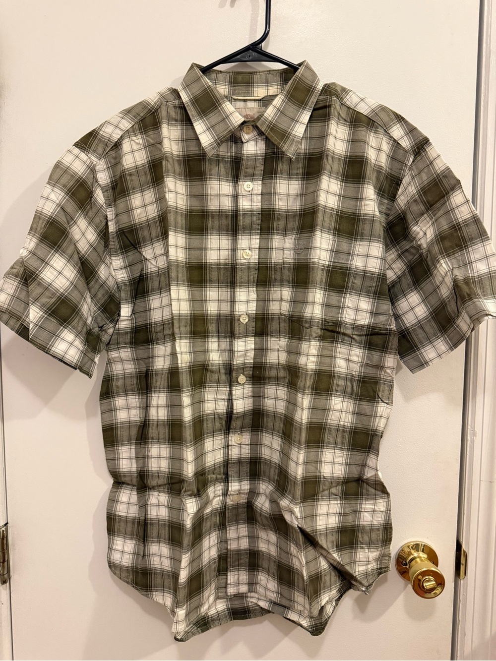 Olive and White Plaid Short-Sleeve Men's Shirt Size XL